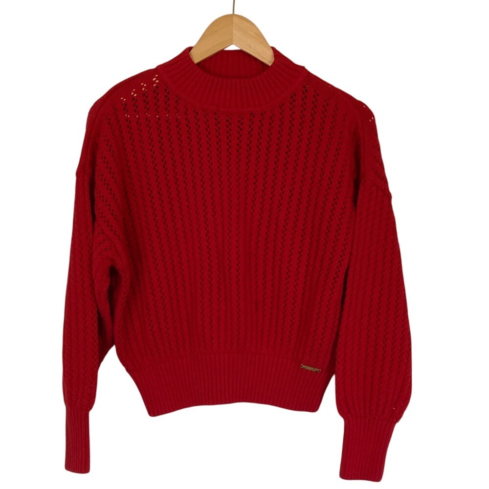 Mark New York Womens‎ Red Open Knit Mock Neck Short Sweater Size Medium Classic